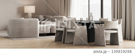 Modern nature style livingroom interior design with dining table and panoramic window background. 3d rendering. High quality 3d illustration Modern nature style livingroom interior design with dining table and panoramic window background. 3d rendering. High quality 3d illustration 130819288