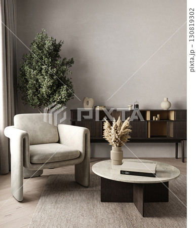 Modern gray livingroom with cabinet, green plants and armchairs background. Light modern japanese nature view. 3d rendering. High quality 3d illustration 130819302