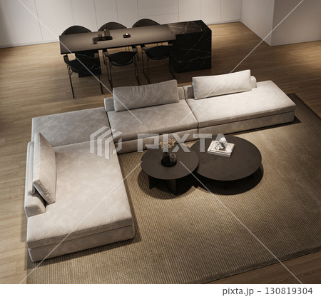 Modern minimalism interior livingroom with large modular sofa, night city view and marble kitchen island. 3d rendering. High quality 3d illustration 130819304