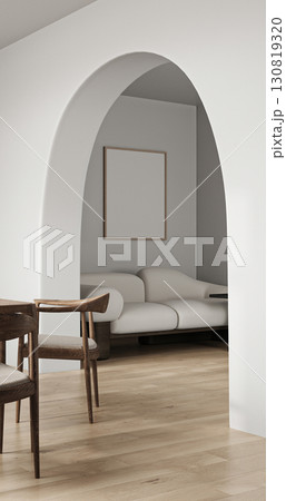Modern style wooden interior with arch and dining table background. Nature lamp design. 3d rendering. High quality 3d illustration Modern style wooden interior with arch and dining table background. Nature lamp design. 3d rendering. High quality 3d illustration 130819320