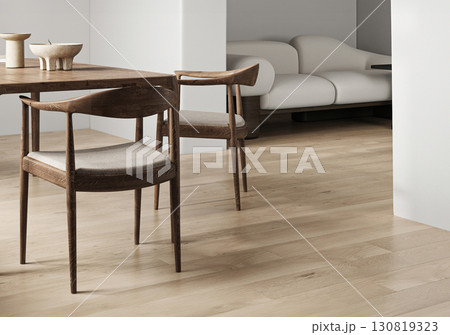 Modern style wooden interior with arch and dining table background. Nature lamp design. 3d rendering. High quality 3d illustration 130819323