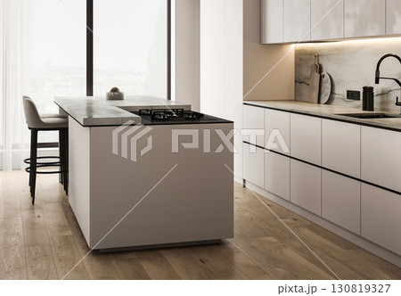 Modern nature style white kitchen interior design with island and panoramic window background. 3d rendering. High quality 3d illustration 130819327