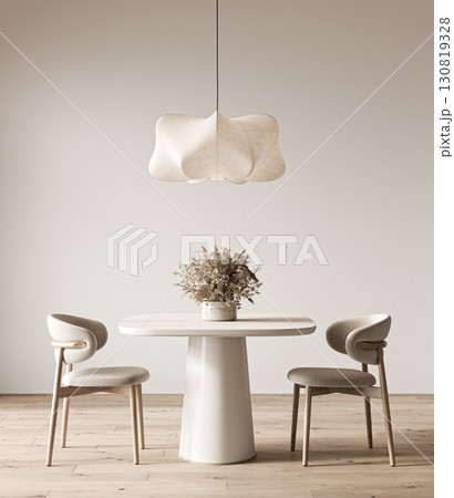 Neutral tones harmonize with wooden elements, exemplifying contemporary creative design. 3d rendering. High quality 3d illustration 130819328