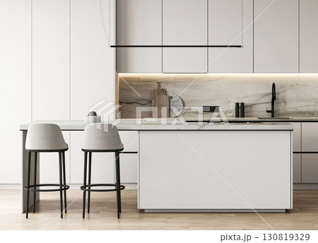 Modern nature style white kitchen interior design with island and panoramic background. 3d rendering. High quality 3d illustration 130819329