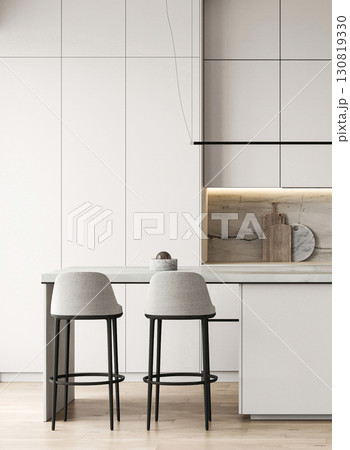 Modern nature style white kitchen interior design with island and panoramic background. 3d rendering. High quality 3d illustration 130819330