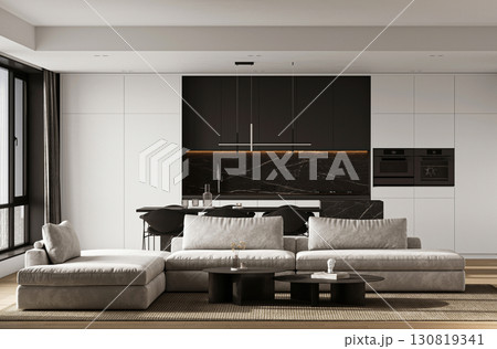 A stunning Modern Minimalist Living Room that seamlessly incorporates a sophisticated Kitchen Area A stunning Modern Minimalist Living Room that seamlessly incorporates a sophisticated Kitchen Area 130819341