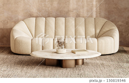 Elegant beige living room with plush sofa and marble coffee table in boho scandinavian style, 3d rendering 130819346