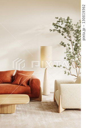 Chic Scandinavian living room featuring a terracotta sofa and sleek white floor lamp. 3d render Chic Scandinavian living room featuring a terracotta sofa and sleek white floor lamp. 3d render 130819362