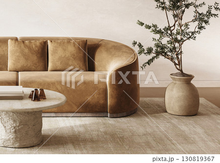 Scandinavian corner with golden velvet sofa and organic elements for a serene space. 3d render Scandinavian corner with golden velvet sofa and organic elements for a serene space. 3d render 130819367