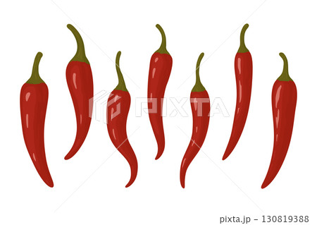 Red Chili Pepper Set, Vector Illustration. Hand Drawn Hot Spicy Peppers Isolated on White Background. Flat Food Icons for Cooking, Kitchen Design, Mexican Cuisine, Organic Vegetable, Spice Concept 130819388