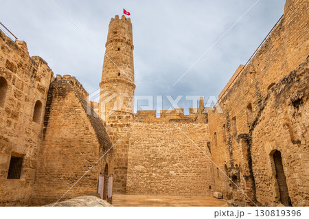 Inner yards and walls of Ribat of Monastir under cloudy skies, Monastir, Monastir Governorate, Tunisia 130819396