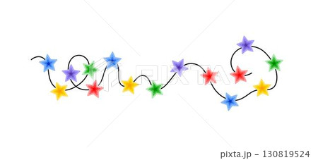Christmas colorful multicolored lights curly string garland, doodle hand drawn vector illustration, flat cartoon seasonal image for winter New Year holiday, birthday events design 130819524