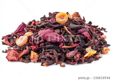 Roselle or Hibiscus tea pile isolated on a white background. Dry karkade flowers petals heap of dried herbal tea. Indian spices. Mockup of aromatic Fruit Red Tea, Dried Herbal Beverage. Carcade. Roselle or Hibiscus tea pile isolated on a white background. Dry karkade flowers petals heap of dried herbal tea. Indian spices. Mockup of aromatic Fruit Red Tea, Dried Herbal Beverage. Carcade. 130819548
