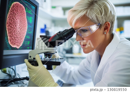 Scientist looking through microscope and using Laptop. Research female student scientist working in the Laboratory. Lab technician chemist analyzing sample through microscope. Conducting an experiment 130819550