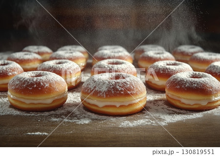 Sprinkling sugar powder on delicious donut. Homemade donuts lush and sweet dusted with powdered sugar on a wooden surface. Copy space image. Place for adding text and design. Baked pastry doughnuts 130819551