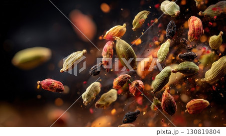 autumn background of yellow dry cloves and red beans 130819804