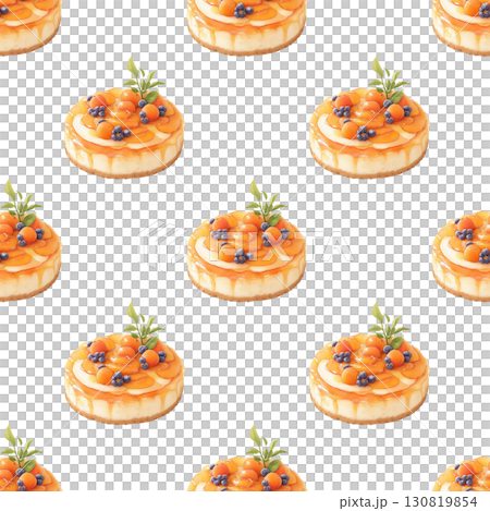 Juicy apricot cake seamless watercolor pattern with golden crust and fruit layers. White background design for summer bakery branding and packaging 130819854