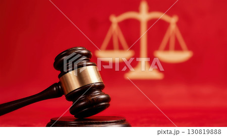 Justice gavel with scales on red background for law concept 130819888