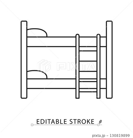 Bunk bed icon in minimalist outline style with editable stroke. Kids furniture, bedroom interior, double level bed, sleeping place, modern household element, isolated contour symbol. 130819899