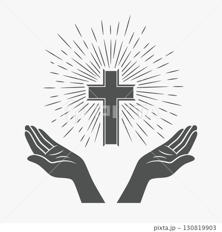 Black and White Open Hands with Cross and Divine Light, Symbol of Faith and Prayer. Design Template for Church Logo. Prayer, Religion Concept Monochrome Cut Out Silhouette Icon. Vector Illustration Black and White Open Hands with Cross and Divine Light, Symbol of Faith and Prayer. Design Template for Church Logo. Prayer, Religion Concept Monochrome Cut Out Silhouette Icon. Vector Illustration 130819903