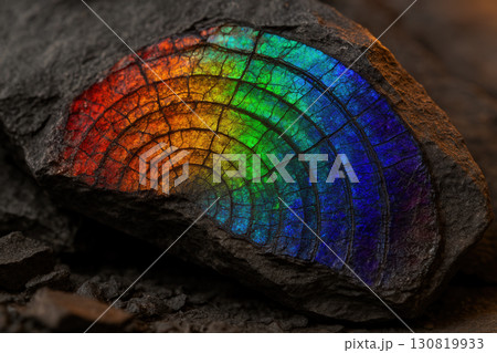 Ammolite In Shale Showing Rainbow Iridescence And Mosaic Pattern Of Cracked Aragonite 130819933