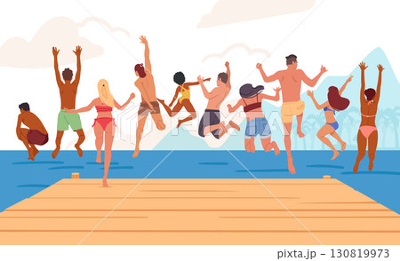 Young summer people wearing swimwear jumping to sea water from wooden pier cartoon background 130819973
