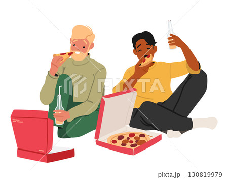 Relaxed guys cartoon characters eating pizza together drinking beverages sharing good mood Relaxed guys cartoon characters eating pizza together drinking beverages sharing good mood 130819979