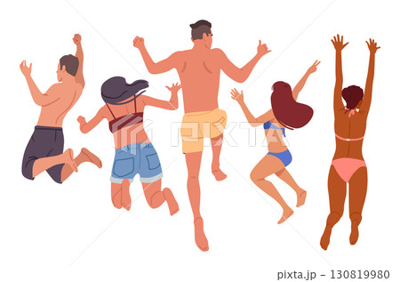 Young people cartoon tourists characters in swimwear jumping view from back isolated on white Young people cartoon tourists characters in swimwear jumping view from back isolated on white 130819980