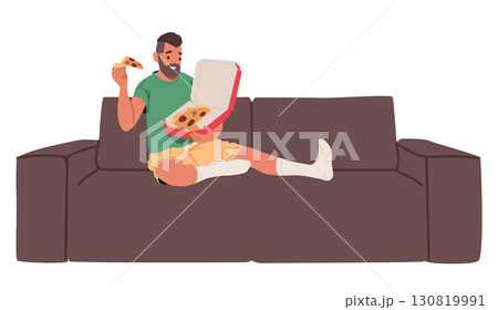 Happy smiling relaxed man eating pizza while sitting on home sofa isolated on white background Happy smiling relaxed man eating pizza while sitting on home sofa isolated on white background 130819991