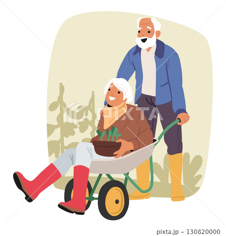 Active senior grandparent couple enjoying gardening time together having fun while planting scene Active senior grandparent couple enjoying gardening time together having fun while planting scene 130820000
