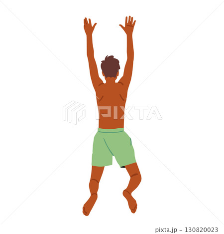Teenage guy cartoon character wearing swimming trousers jumping hanging in air with arms raised Teenage guy cartoon character wearing swimming trousers jumping hanging in air with arms raised 130820023