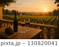 Wine bottle and glasses on wooden table overlooking vineyard at sunset with beautiful landscape 130820041