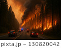 Dramatic forest fire engulfing trees along a highway with vehicles navigating through smoke 130820042