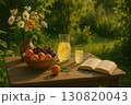 Refreshing summer beverage with fruits and flowers on a rustic wooden table in a lush garden 130820043