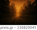 Abandoned cityscape with crumbling buildings and eerie orange sky creating a post-apocalyptic atmosphere 130820045