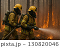 Firefighters battling wildfires in a dense forest, showcasing teamwork and bravery in action 130820046