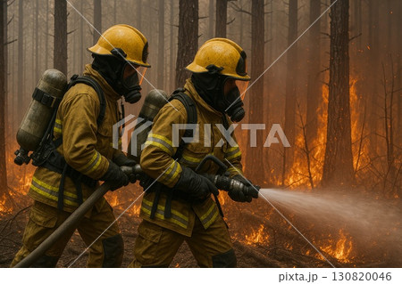 Firefighters battling wildfires in a dense forest, showcasing teamwork and bravery in action 130820046