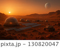 Futuristic Martian colony with solar panels and domes under a vibrant sunset sky 130820047