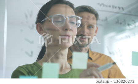 Businesswoman wearing glasses, writing on a glass board and organizing sticky notes, collaborates with adult businessman observing her strategy planning in a bright office 130820272