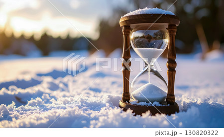 雪原に佇む砂時計 ／ 時間の儚さと冬の静寂を象徴するコンセプチュアルな背景素材 130820322