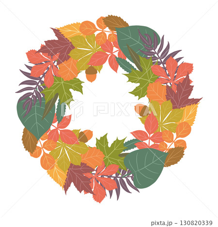 Fall leaves vector wreath with oaks. Flat autumn leaves on a white background. Natural vector design for design template Fall leaves vector wreath with oaks. Flat autumn leaves on a white background. Natural vector design for design template 130820339