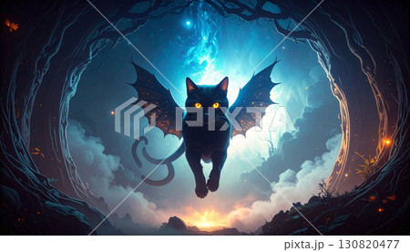 Floating Black Cat Silhouette with Glowing Eyes. Hallowen Concept. Generated Image 130820477