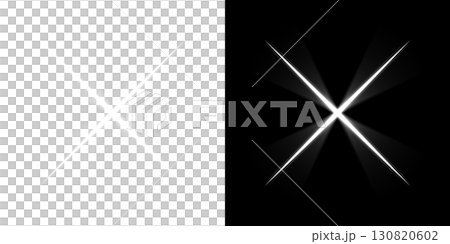 透明背景と黒背景に広がる白色のX型光フレア 130820602