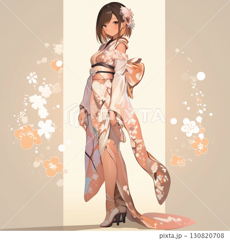 淡い桃色の振袖を着た女性のエレガントな立ち姿 130820708