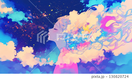 雲と星に埋もれた女性の水彩イラスト 130820724