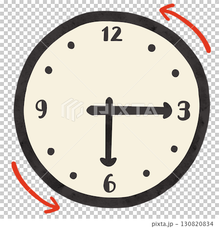 シンプルな時計6時15分 半時計回り 水彩風手描きイラスト シンプルな時計6時15分 半時計回り 水彩風手描きイラスト 130820834