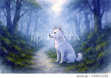 霧深い森に静かに佇む白い犬の幻想的な風景 霧深い森に静かに佇む白い犬の幻想的な風景 130821103