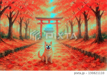 紅葉の参道に座る柴犬と神社の風景 130821110