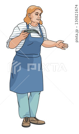 Standing women vendor with fish in her hands 130821674