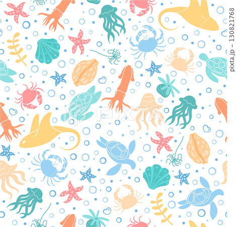 Underwater seamless pattern with cartoon marine creatures. Turtle, starfish, crab, seashell, and shrimp repeat in an aquatic and ocean design. Colorful marine life arranged in a playful style, 130821768